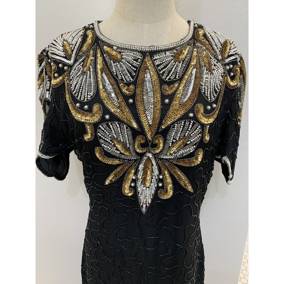Vintage Denise Elle Womens Beaded Sequin Silk Evening Dress Sheath Fitted XL‎ - Picture 1 of 14
